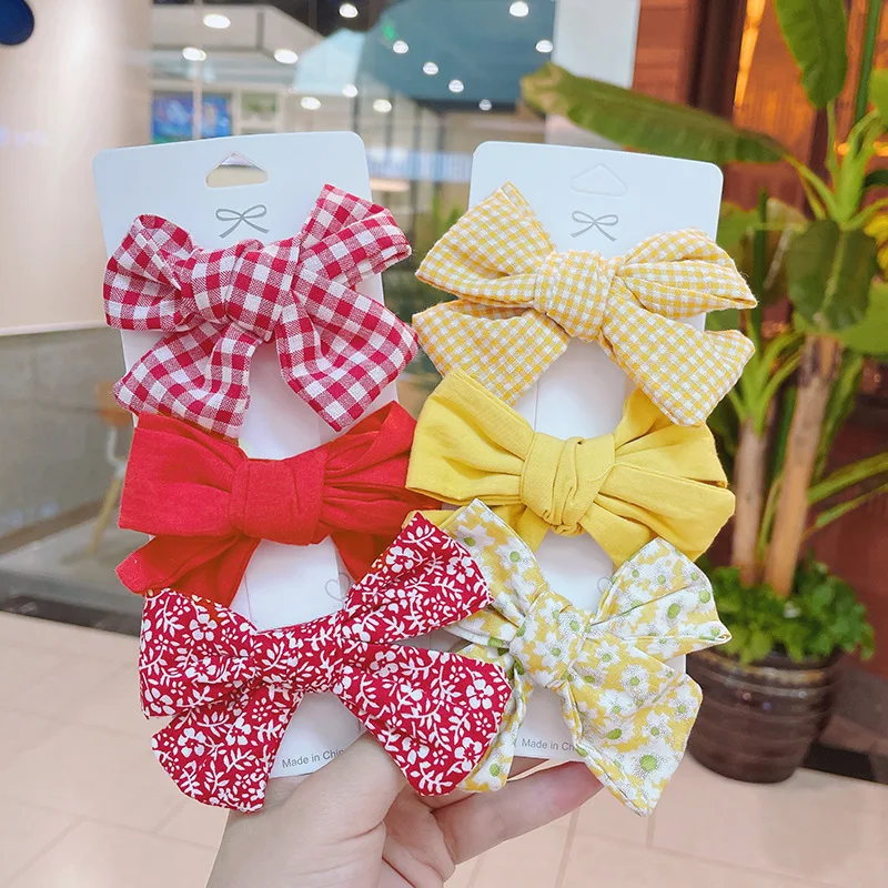 Korean Children Small Fresh Floral Bowknot Hairpin Large Plaid Floral Solid Color Bow Hair Clip Set