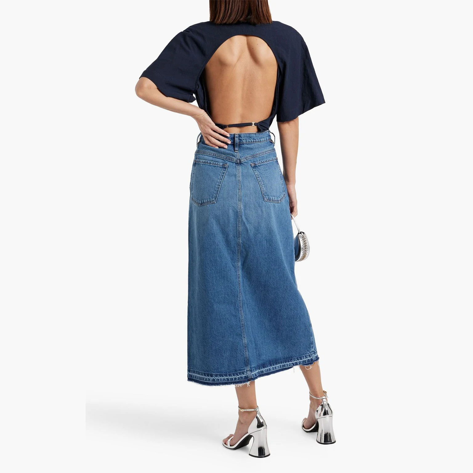 Wholesale custom button front casual plain long ruffle fishtail mermaid high waist ladies maxi fishtail denim skirt women