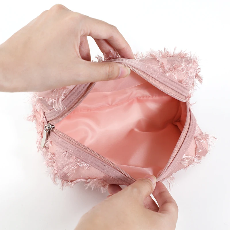 New 2022 Portable Cosmetic Organize Customized New Fabric square Travel pink Lady Polyester Makeup Bag