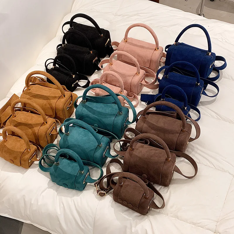 Ladies Suede 2021 Fall Winter Boston Handbags Retro Box Shaped Women Shoulder Messenger Purses Velvet Women Hand Bags