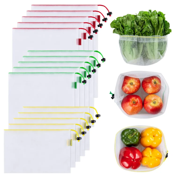
ECO-Friendly Safe Mesh Bags sets For Fruit, Veggies, Shopping Mesh Storage Bag With Drawstring Reusable Mesh Produce Bags 