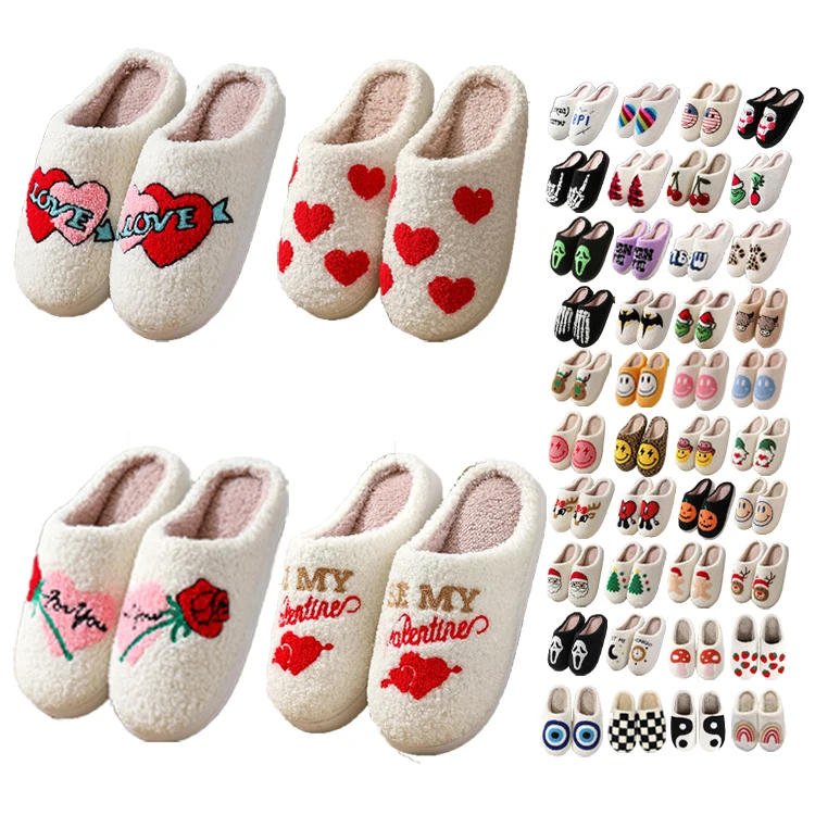 Embroidery Custom Cotton Warm Plush Fuzzy House Winter Home Smiley Face Slides Fluffy Fashion Fur Christmas Halloween Slippers