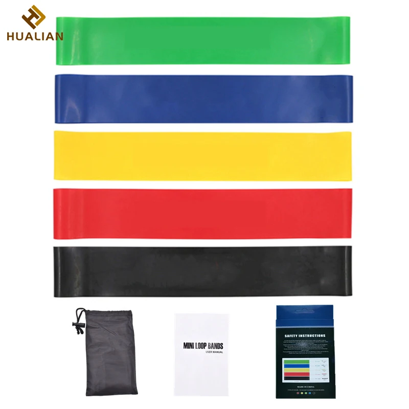 HUALIAN Hot Sale 5 pcs Different Level Custom Printed Resistance Bands Set With Bag Yoga Elastic Stretch Band Fitness Resistance