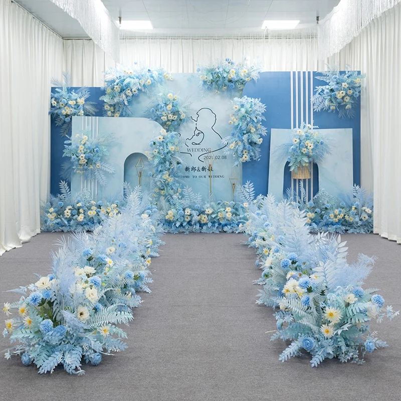 Wedding Flower Stage Background Decoration Blue Silk Flower Row