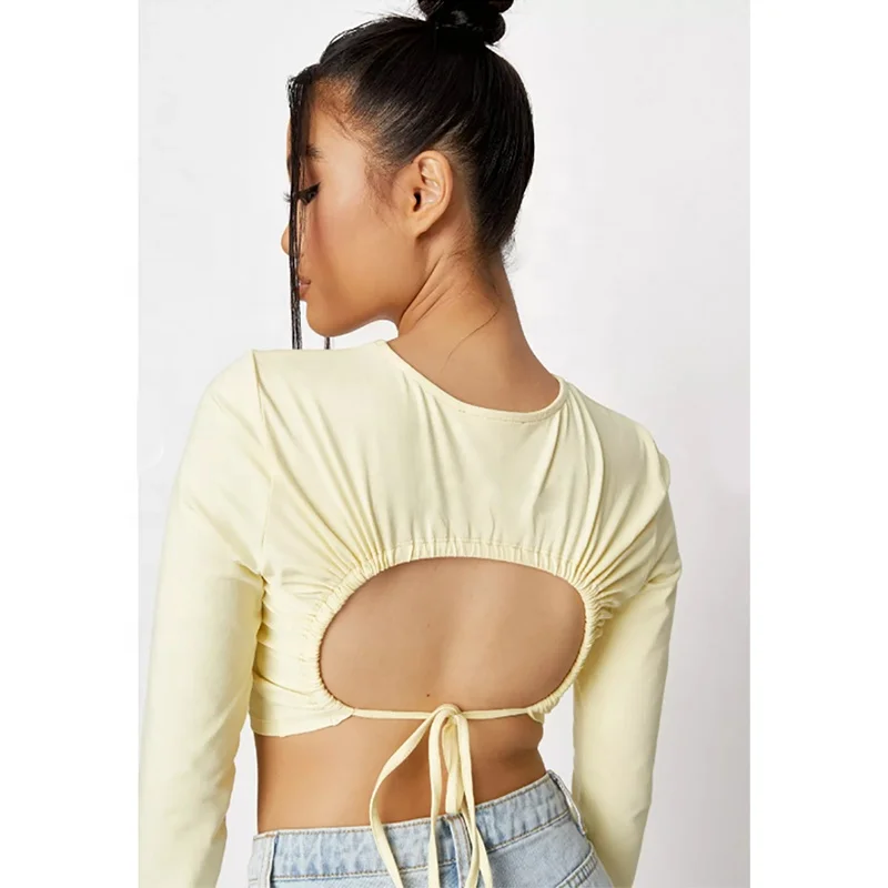 Custom logo summer bacnless shirts sexy long sleeve t-shirts for women 100% cotton