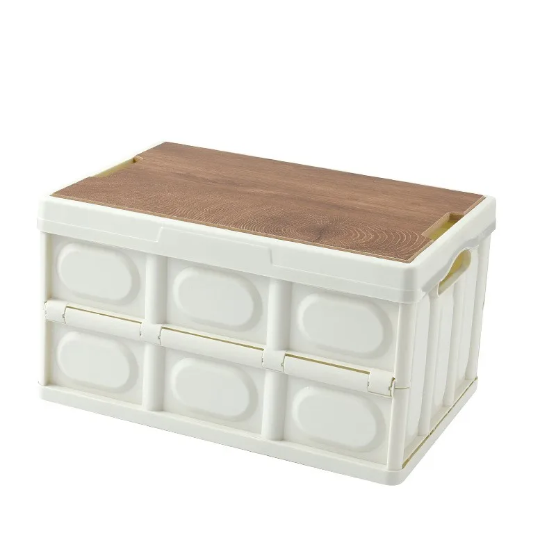 Car Trunk Plastic Outdoor Kitchen Foldable Camping Organizer Storage Box with Wood Lid ECO Friendly PP