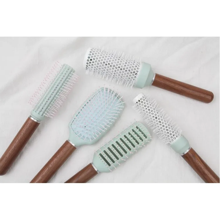 eco friendly imassager detangle comb hair brush personal Wooden Handle Round Roll antistatic detangle paddle hairbrush