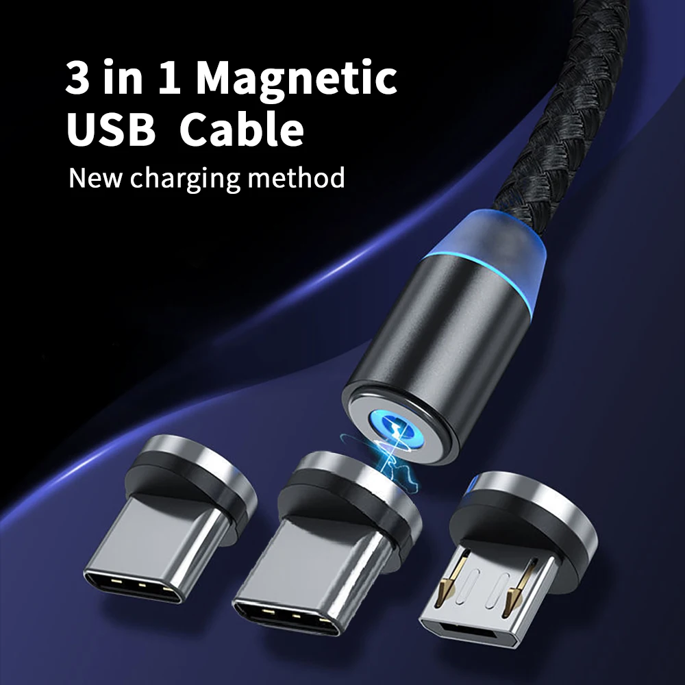 2022 new 3 in 1 rotating Multi magnetic Nylon Braid charging cables mobile phone type c micro usb 3in1 magnet fast charger cable