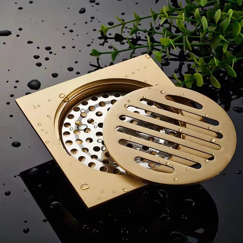 Modern Brushed Gold Balcony 4-inch Square Odor-proof Floor Drain Factory Price Brass Floor Drain Drains