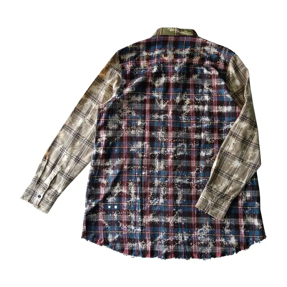 best men casual hip hop plaids long type custom logo embroidery distressed bleach flannel shirt