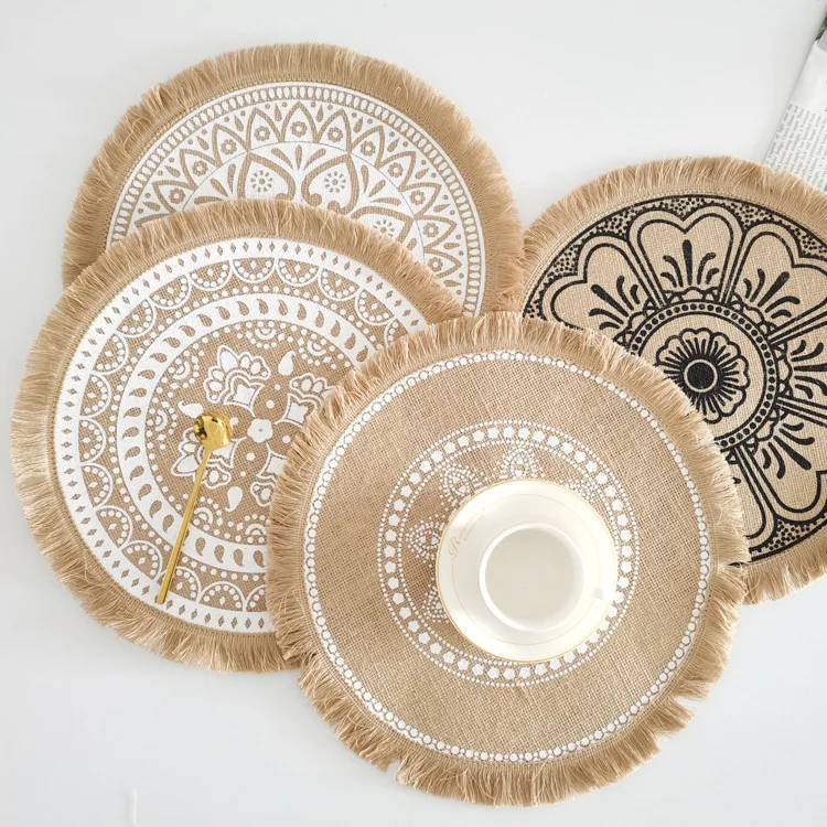 Round Jute Burlap Table Woven Placemat Vintage Handmade Woven Fringe Placemat