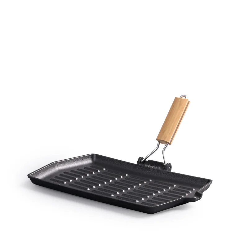 Amazon cast iron pan Thickened uncoated square striped frying pan foldable wooden handle Western steak iron plate