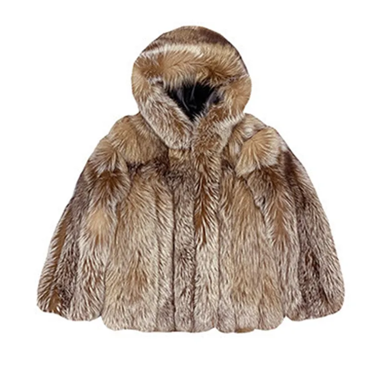 Elegant Temperament Ladies Mid Length High Quality Silver Fox Fur Coat Hooded Plus Size Ladies Jacket