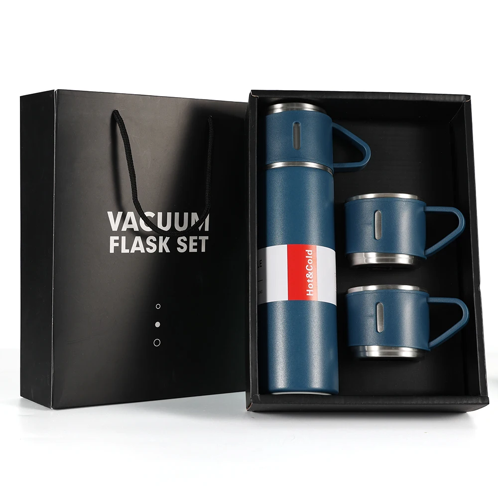 Business gift Stainless Steel Vacuum Flask Thermos Mug Gift Set with 3 lid cup