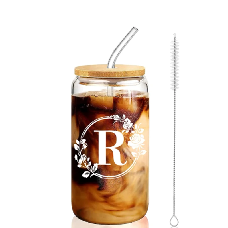Factory price wholesale high borosilicate coffee mug with letter logo 16 oz glass cups with bamboo lid and glass straw