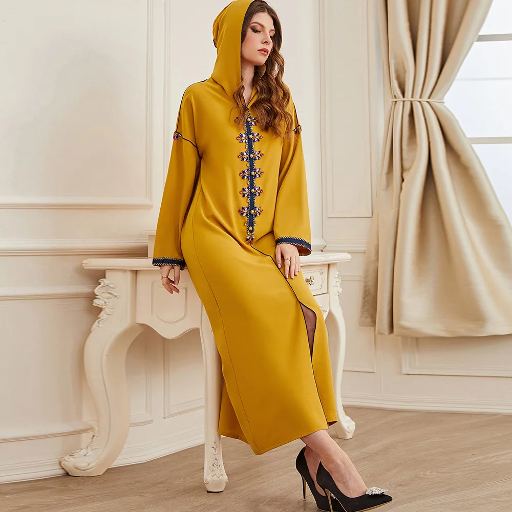 Women Moroccan  Hooded Dress Handwork Diamonds Ribbon Braid Ethnic Arabic Jellaba Dubai Saudi Family Gather Party