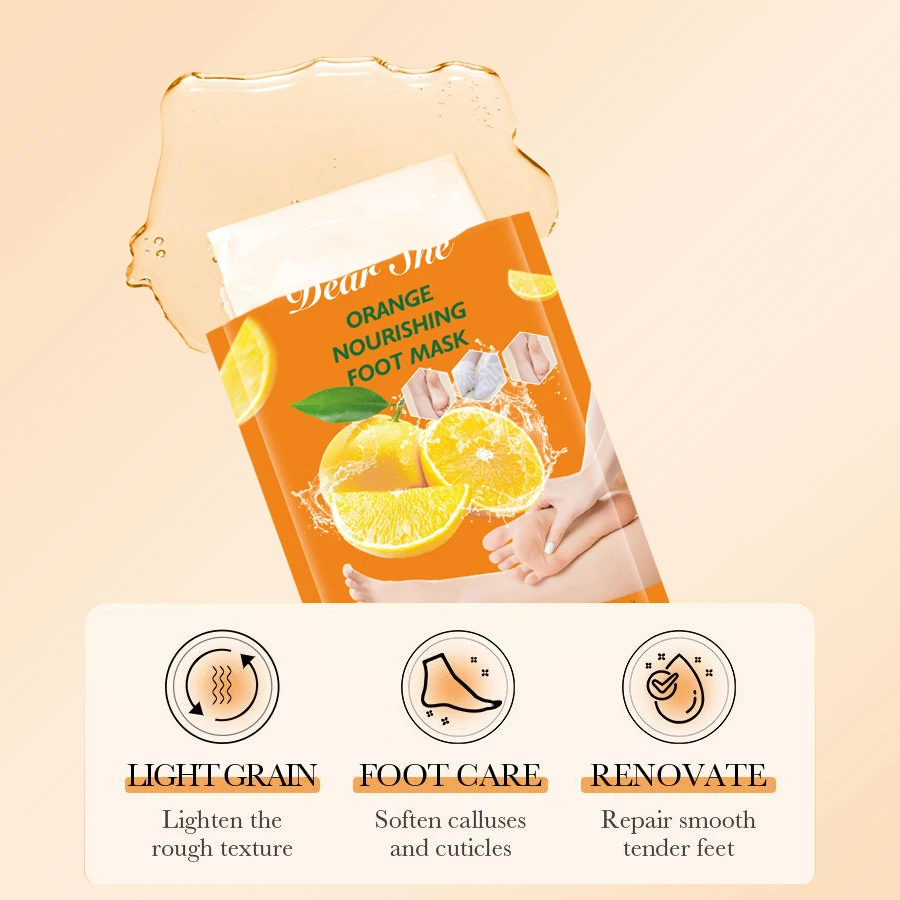 Private Label  In Stock Dear She orange Vitamin C Nourishing Foot Mask Reduce Skin Rough Aging Moisturizing Whitening Foot Skin