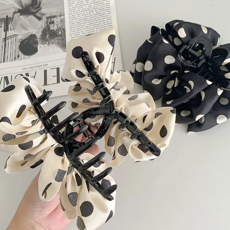 French Polka Dot Clouds Large Claw Clip Elegant Bubble Bow Hair Shark