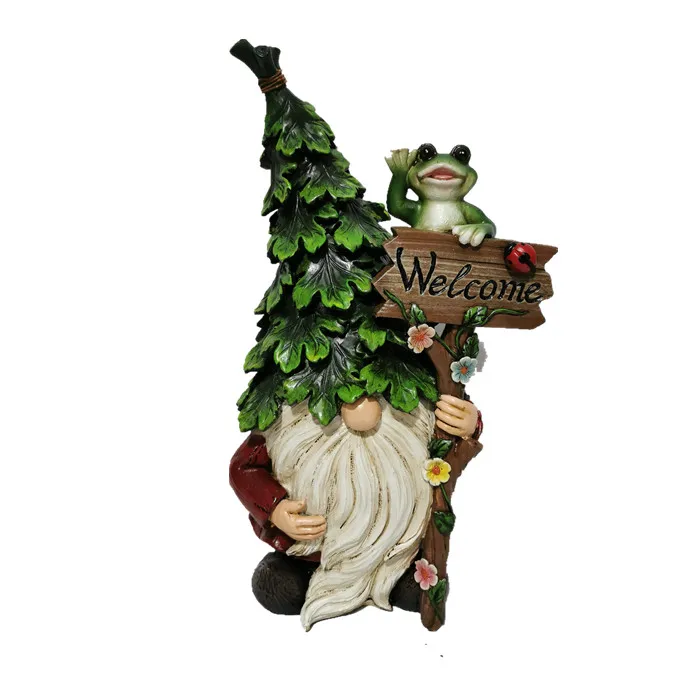 Top Grace Outdoor solar resin flower hat garden gnome with welcome brand