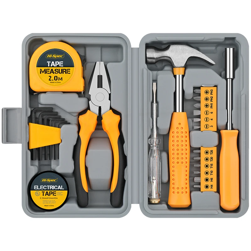 24pc Yellow Small Compact Home Repair Basic Hand Tool Kit Box Set. Household Handyman Hex Keys, Pliers & Screwdrivers. OEM Ready