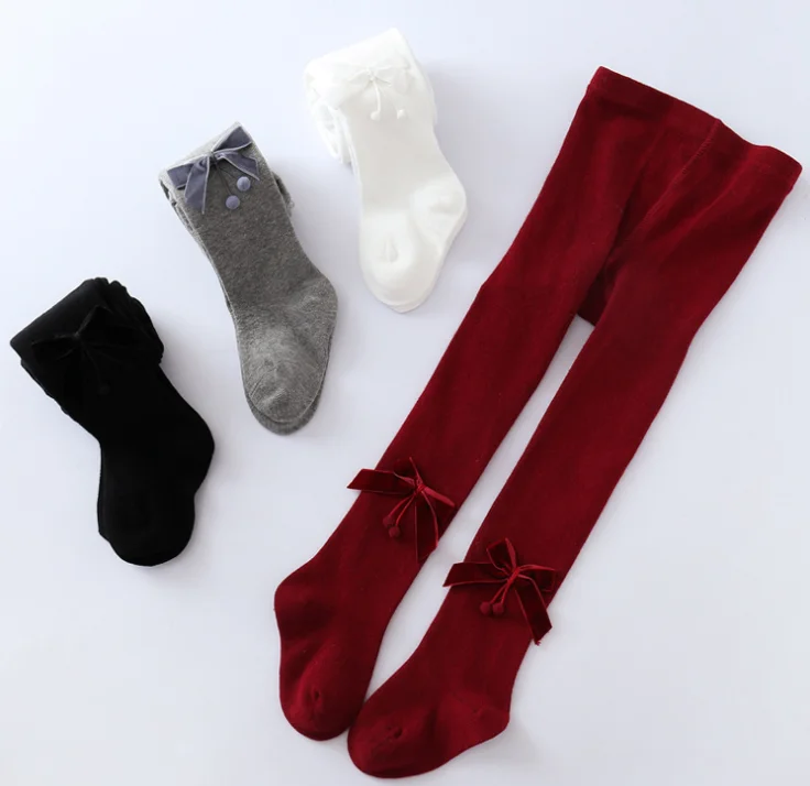 Autumn Fashion Baby Girls Velvet pompom bow cherry Cotton Pantyhose Kids Girls bwoknot Tights  0-8 Years