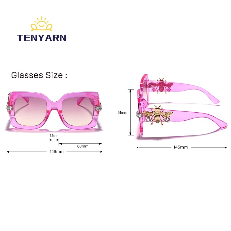 Tenyarn Luxury High Quality Big Square Oversized Bee Bling Rhinestone Diamond Women Men Shades Sun Glasses Sunglasses 2022