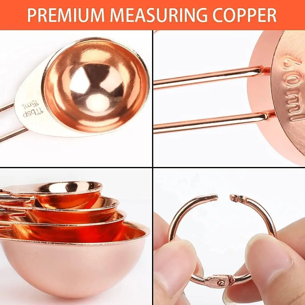 8 Pcs Stainless Steel Rose Gold Copper Measuring Cups and Spoons Set with Engraved Marking Ruler for Measuring Dry Liquid