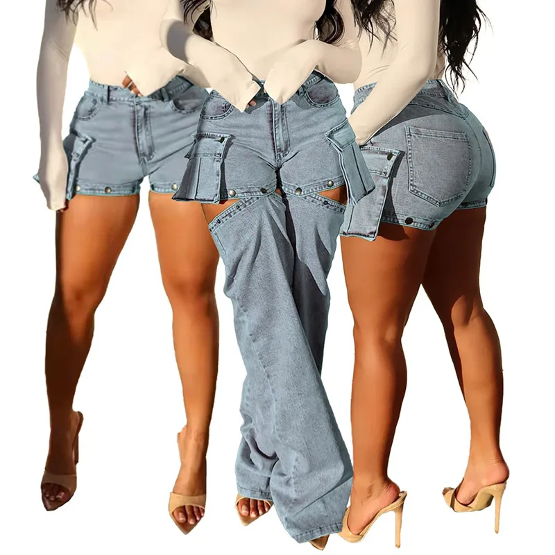Women Fashion Trousers Denim Casual Stretch Jeans For Women Cut-Out Detachable Shorts New Fashion High Street Loose Denim Pants
