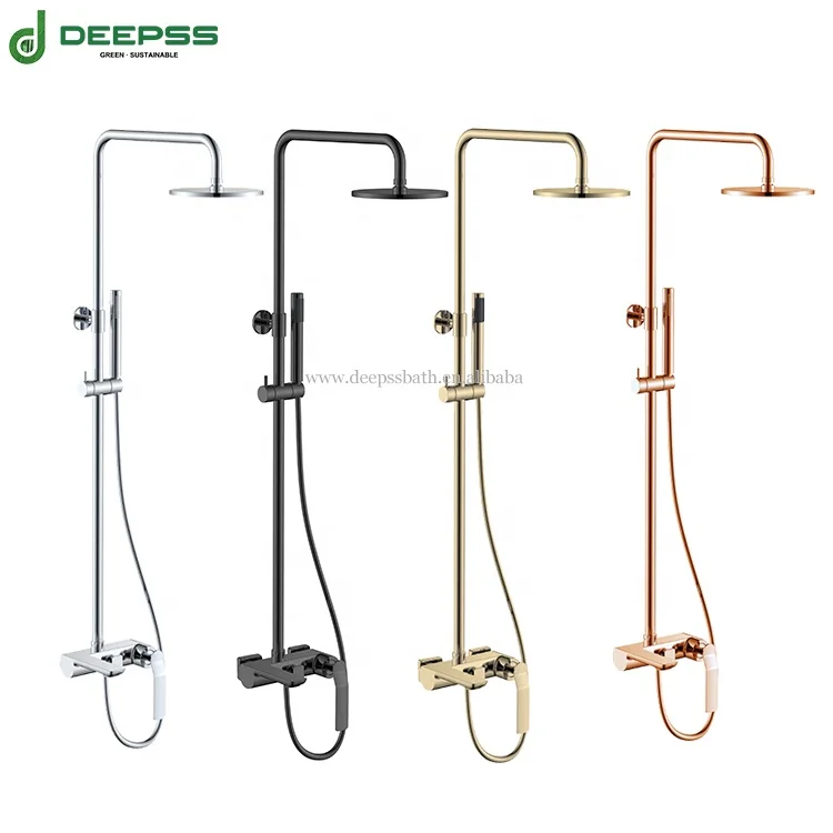 Deepss Factory Wholesale Black Brass Shower Faucet Set Bathtub Tap With Bathroom Shelf 3 Functions Height Adjust Shower Mixer