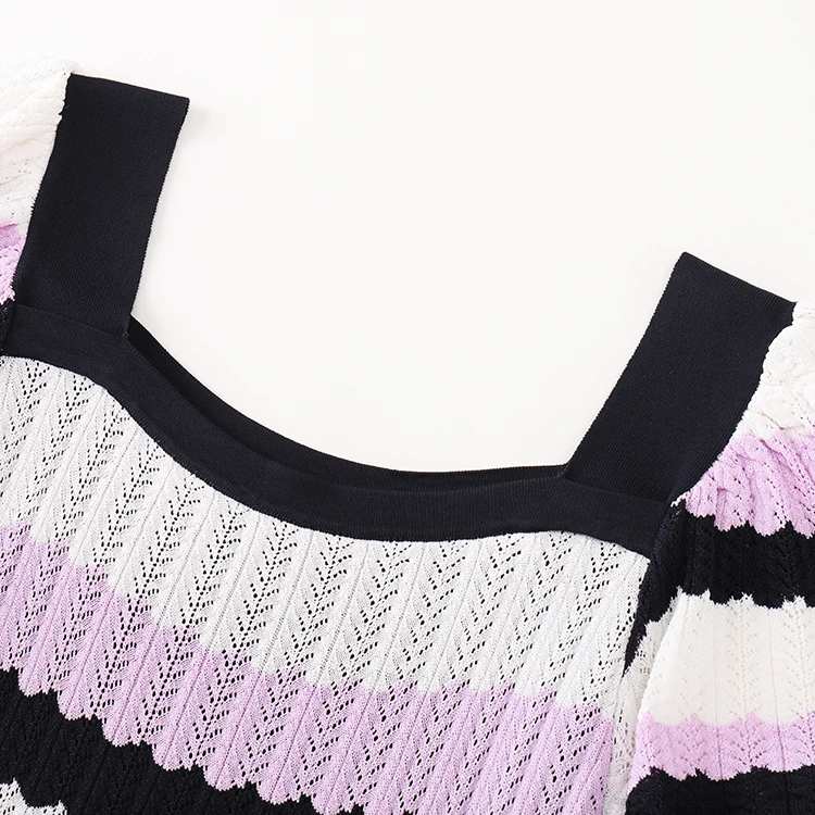 Knitwear manufacturers custom summer against color square collar wave stripe slim elegant fashion long women kint dress