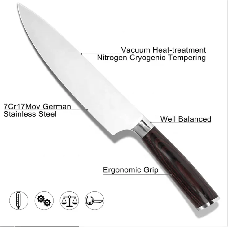 Quality 8 Inch High Carbon German Stainless Steel Chef Knife with Ergonomic Handle