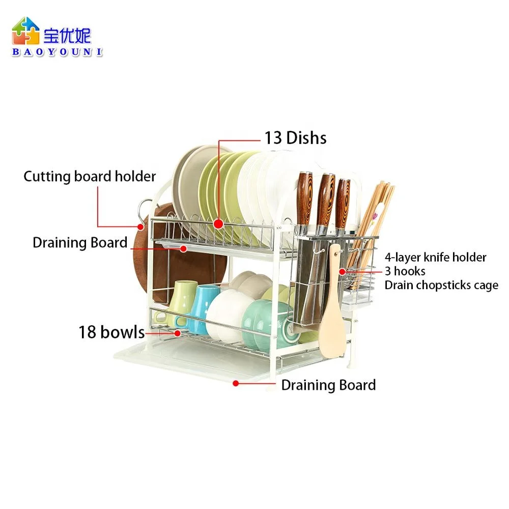 Large Capacity 2-Tier 201 Stainless Steel Utensil Dish Drying Rack Chopping Board Holder with Drain Board Chopsticks Container