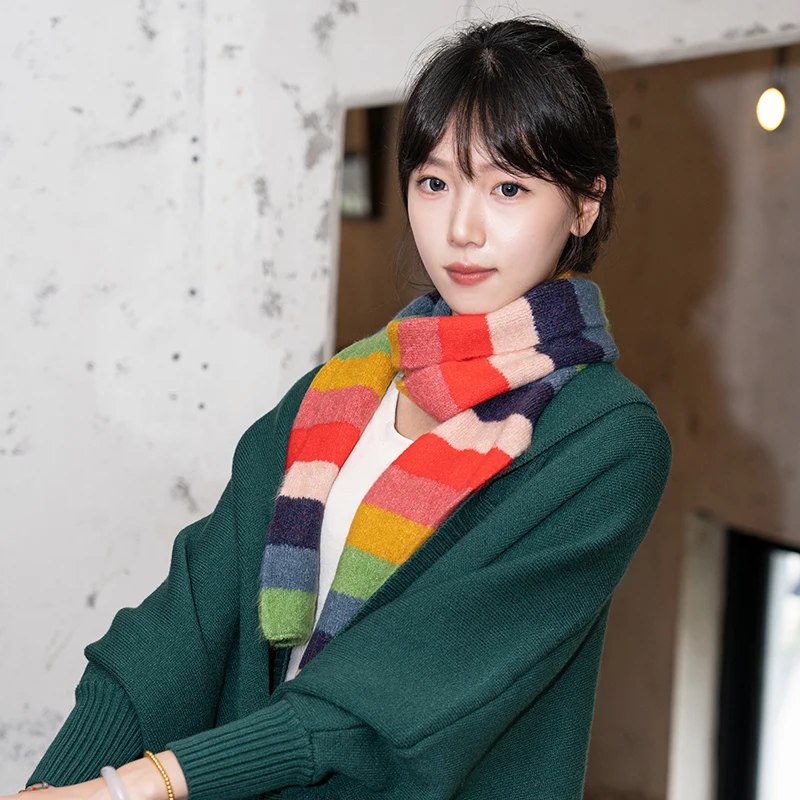 Customized LOGO Designer Scarf Winter Women Winter Multicolor Knitted Scarves Faux Cashmere Stripe Scarf