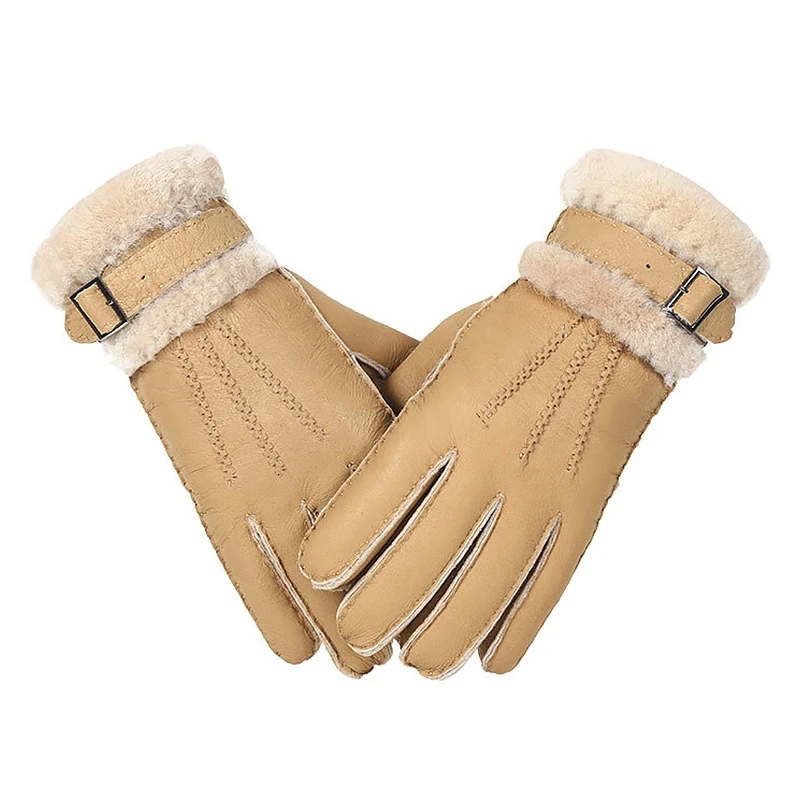 Leather Fur Sheepskin Gloves Fashion Winter Autumn Warm Thermal Wool Fleece Snow Mittens Outdoor Five Finger Wrist Gloves