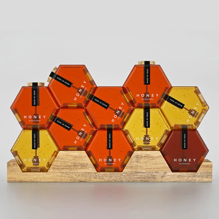 Hexagonal Honey Jar Food Grade Lead Free Cristal Storage honey jar packaging container Glass Jar with Wooden Lid