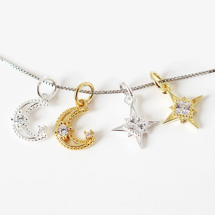 S925 Sterling silver four-corner Star moon pendant DIY Beaded bracelet accessories micro inlaid zircon pendant