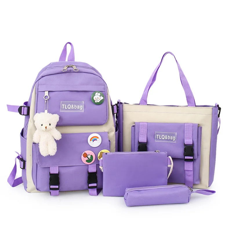 4 Pcs Set Women Laptop Backpack For Teenage Girls Kawaii College Student Kids Book Bag Rucksack 2022 Canvas School Bags