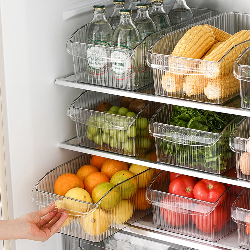 Refrigerator Storage Box with Pulleys, Transparent Plastic Fresh-keeping Box for Kitchen Food and Vegetables Fruits Eggs