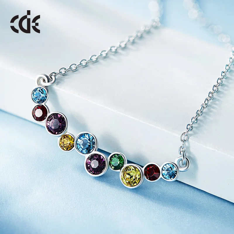 Women Jewelry 925 Sterling Silver Rainbow Crystal Gemstone Stone Necklace