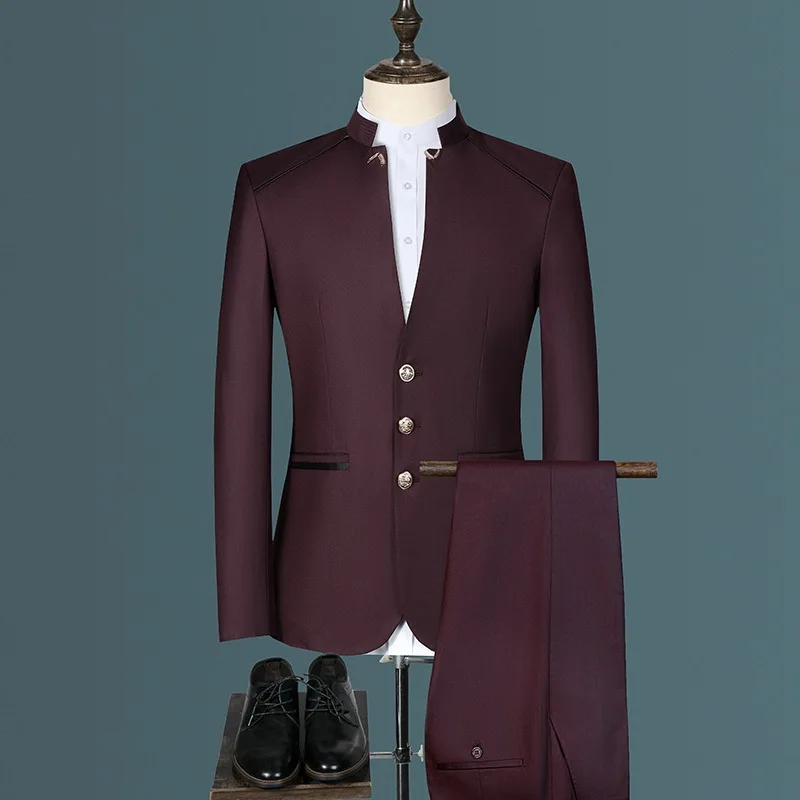 2022 High Quality Chinese Collar Suit 2 Pieces Men Solid Blazer Dress Slim Fit Wedding Suits for Men