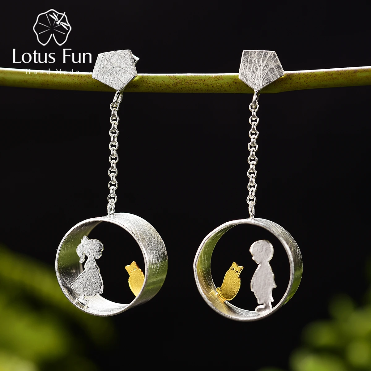 Lotus Fun handmade 925 sterling Silver 18k gold plated girl and boy With Cat ring earrings pendant necklace couple jewelry set