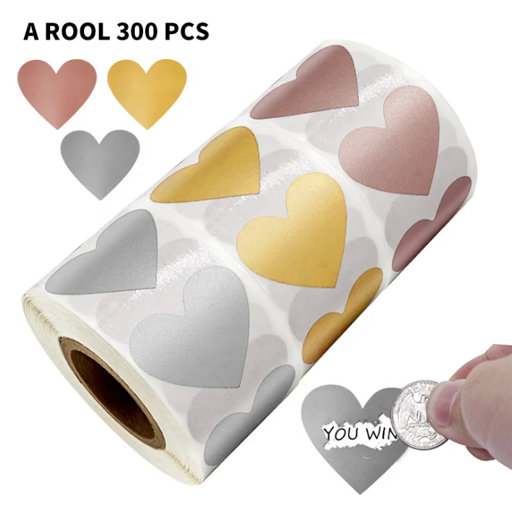 custom 1 inch heart shape gold/rose gold/silver scratch off stickers label sheets