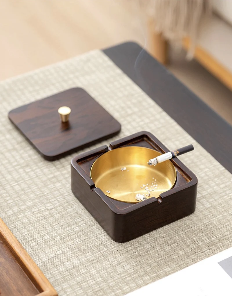 wholesale custom ashtray wood  stainless steel liner ashtray luxury ash tray with lid