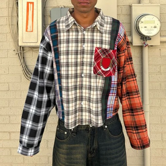 custom multicolor patchwork oversized drop shoulder heavyweight vintage embroidery long sleeve flannel plaid check shirt for men