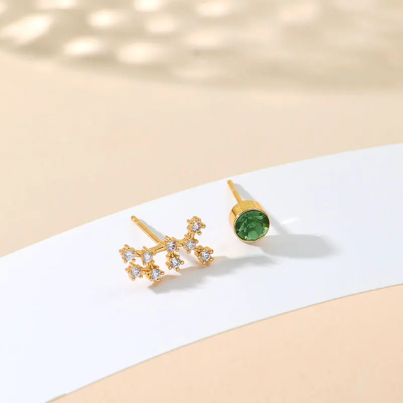 Asymmetrical Jewelry Gold Plated Zodiac Sign rainbow Birthstone CZ Fashion Statement Stud Earrings for Women Girls