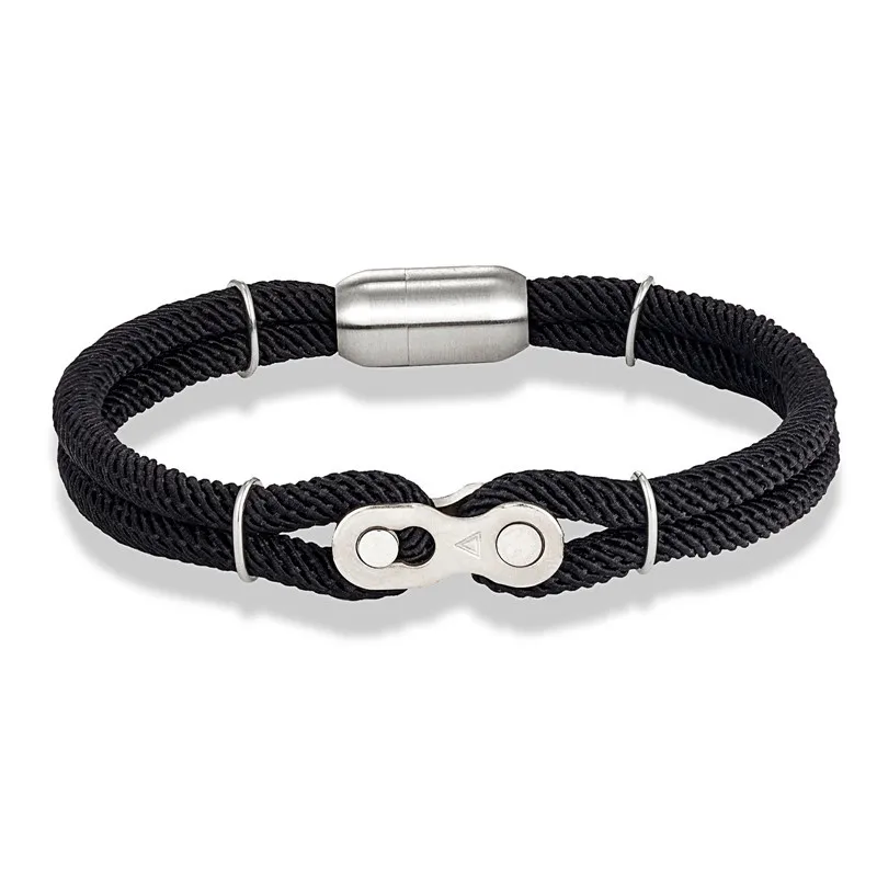 Punk Rock Double Layer Milan Nylon Nautical Rope Stainless Steel Magnetic Clasp Bike Chain Link Rope Bracelet Unisex Jewelry