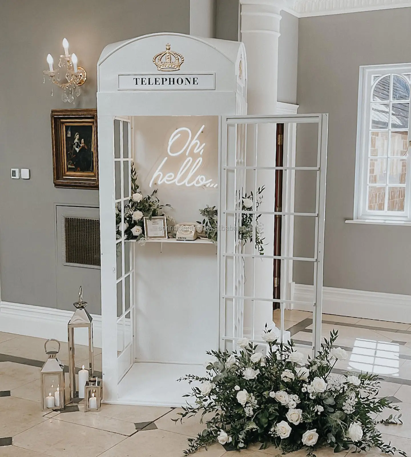 Retro White Phone Booth For Wedding Decor Wedding Props White Telephone Booth with Artificial Flower
