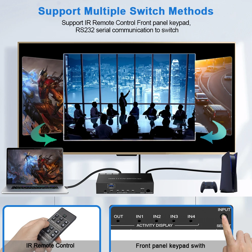 4K@60Hz HDMI KVM Switch HOT KEY USB 3.0  KVM Switch 4 input 1 output  RS232 video splitter  4x1 hdmi 4k Kvm Switch