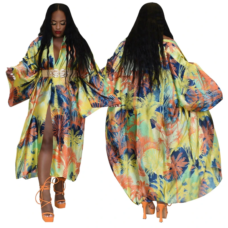 korean women female printed chiffon satin silk tropical beach long cover ups cardigan kimono style ladies women bohemian dresses