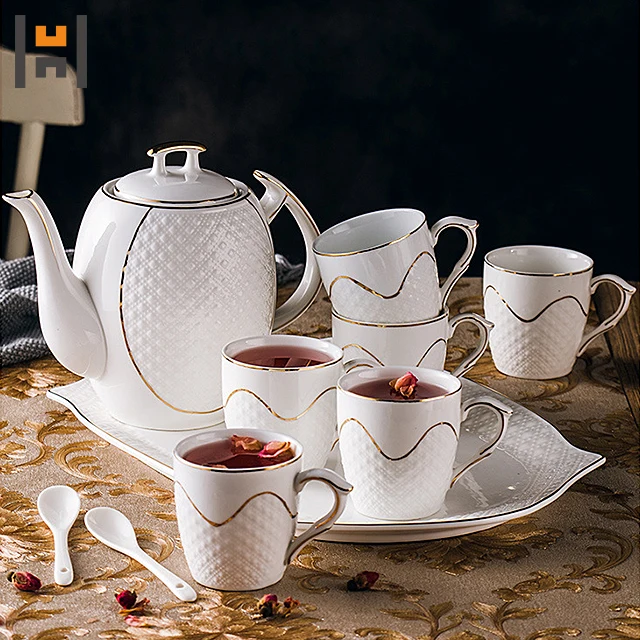 Hot sale popular luxury style ceramic tea sets coffee tea set drinkware porcelain with gold trim